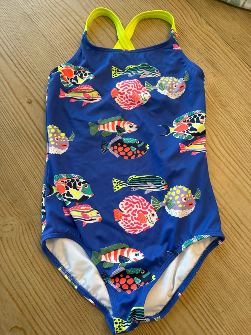 Boden Blue Fish-Print One-Piece Swimsuit with Neon Yellow Straps size 8/9